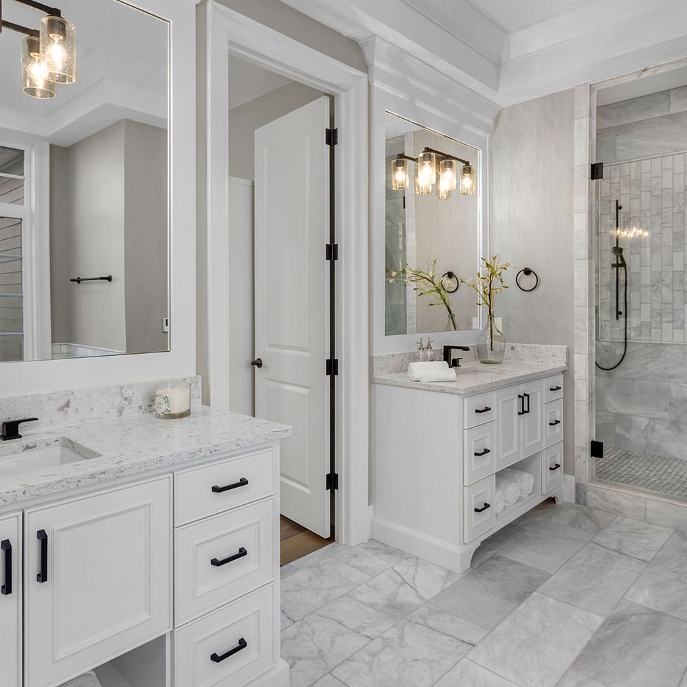 Newly remodeled bathroom with a modern vanity and tile